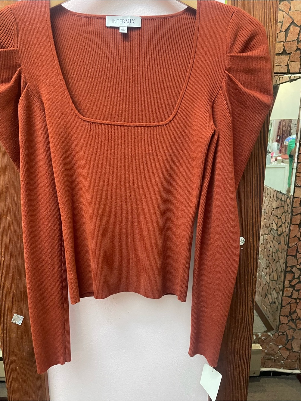 INTERMIX Rust Square-Neck Ribbed Long-Sleeve Top - Picture 3 of 10